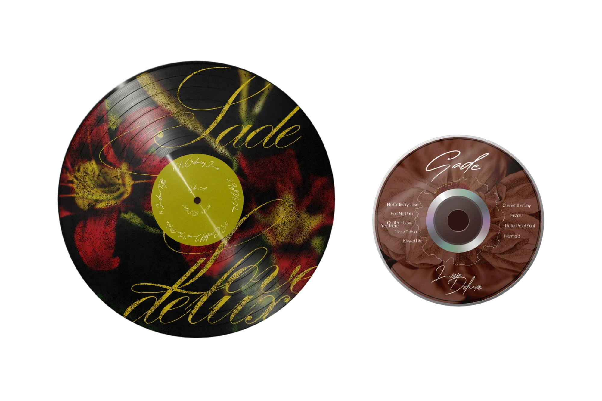 Love Deluxe picture disc and CD side by side on a dark red background