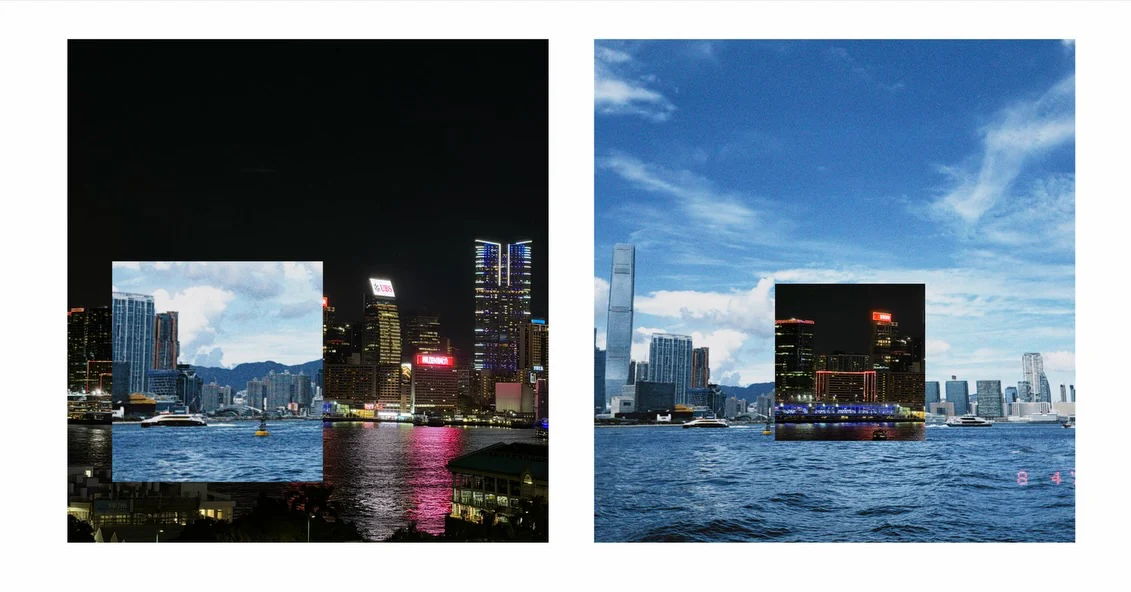 Two photographs of Hong Kong harbour, one at night and one by day, each with a piece of the other set inside it