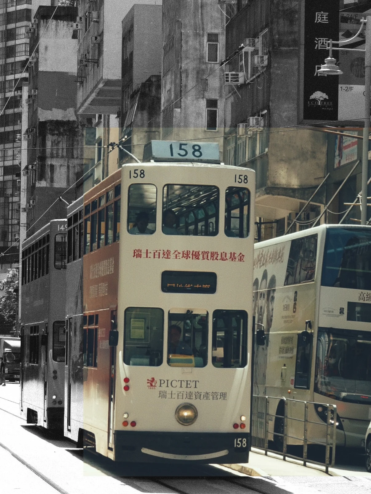 Two double-decker trams on a Hong Kong street, mostly black and white with the trams in colour